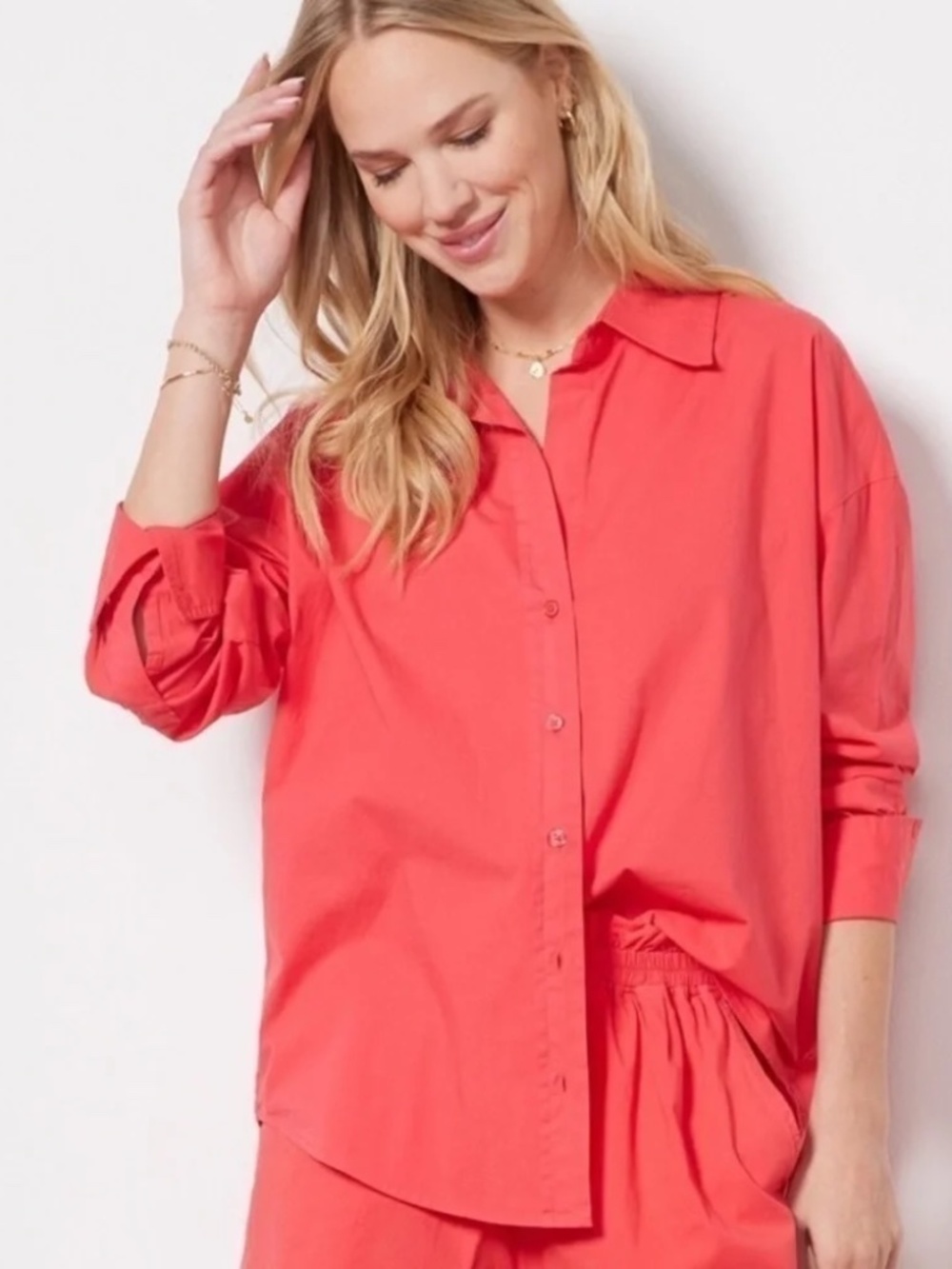 MONROW Poplin Cotton Oversized Button Down Shirt Coral Pink Medium Samba